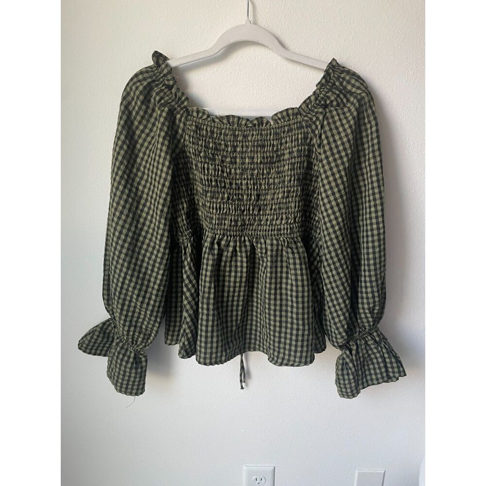 &merci Olive Green Gingham Smocked Peasant Blouse Puff Sleeve L - Picture 4 of 4